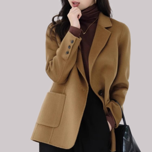 驼色职业西装毛呢外套女2024春秋冬新款黑色长袖呢子大衣短款宽松