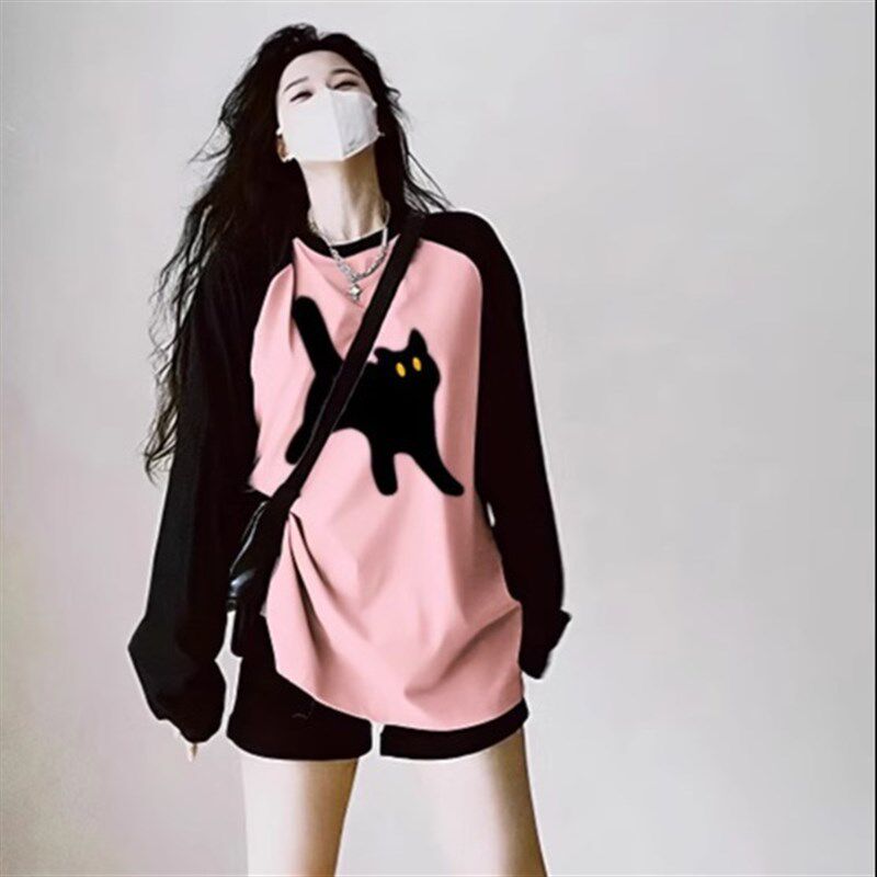 插肩袖长袖t恤女士秋季新款纯棉圆领宽松洋气小众独特初中生上衣