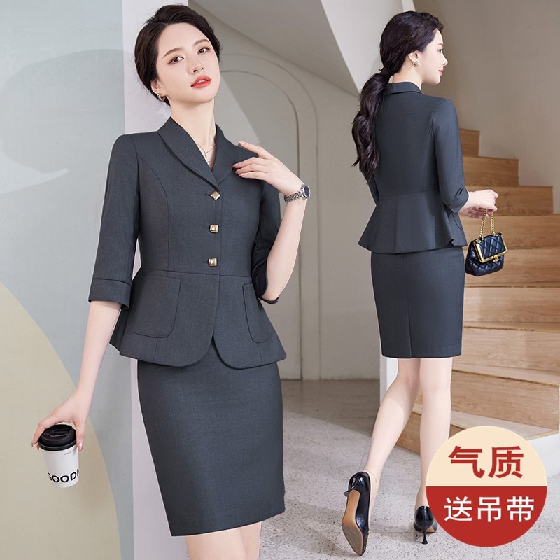 灰色西装外套女通勤气质修身七分袖正装夏季薄款职业装工作服套装