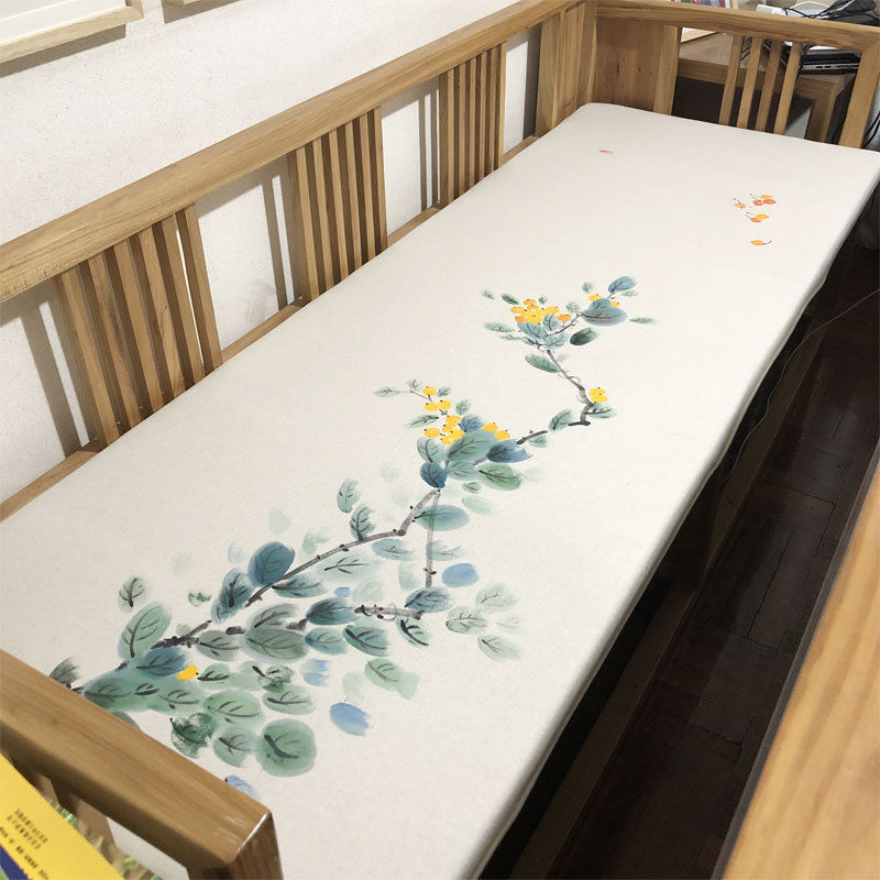 罗汉床坐垫手绘棉麻实木新中式四季垫防滑红木沙发垫子五件套定制