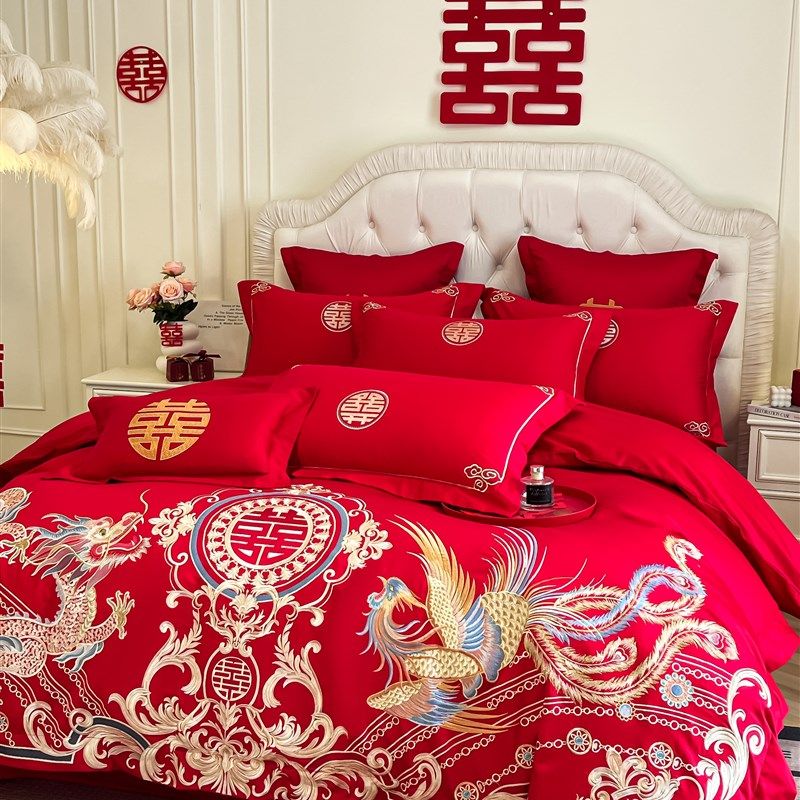 高级感新款龙凤刺绣婚庆四件套红色新婚被套床单结Z婚喜被床品