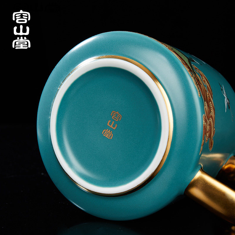 容山堂瑞鹤图陶瓷泡茶杯茶水A分离杯纯铜保温底座办公个人茶具