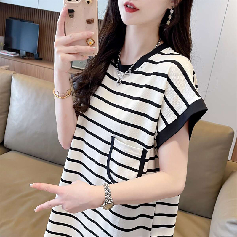 条纹大码短袖t恤女款夏季连衣裙简约时尚韩版慵懒风长款半袖上衣