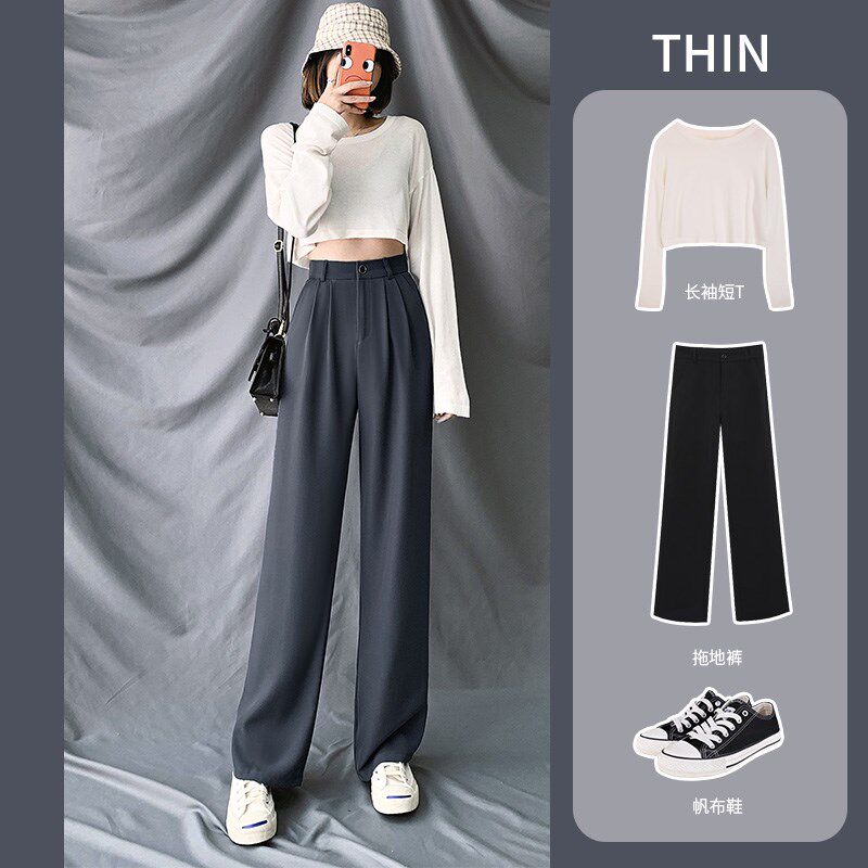 黑色小个子阔腿西装裤女夏季宽松直筒高腰显瘦垂感休闲拖地长裤子