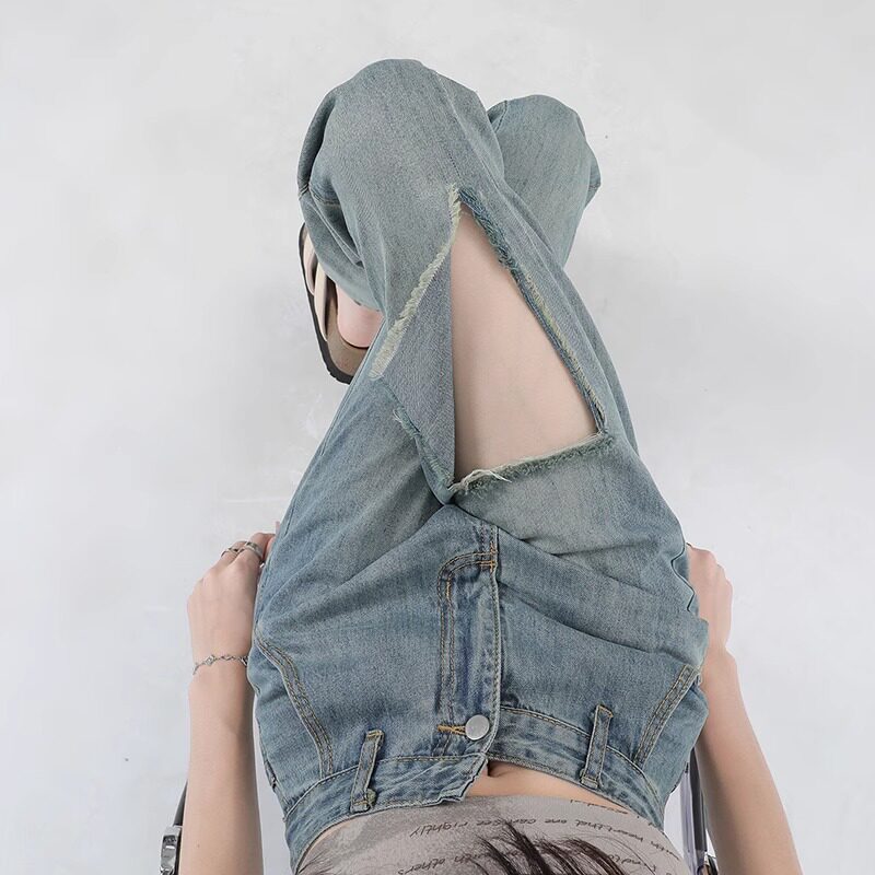 辣妹高腰破洞牛仔裤女夏季薄款小众设计感开叉宽松显瘦直筒微喇裤