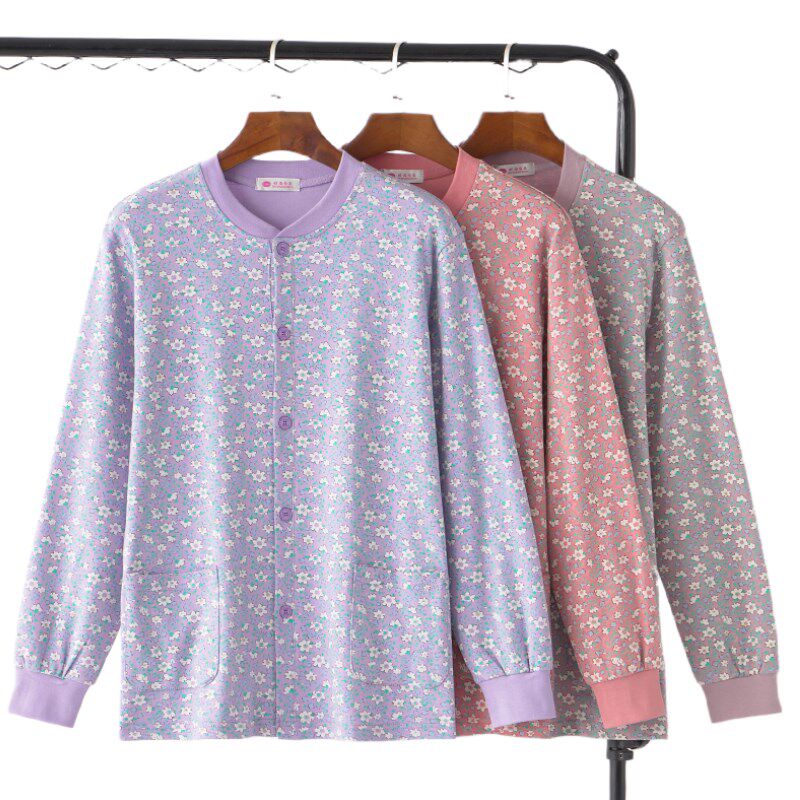 春新品全棉长袖印花开衫大码中老年对襟春秋衣开身棉毛衫