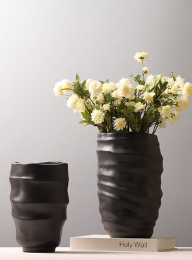 现代简约陶e瓷蚕茧花瓶黑白色宽口径插花花器样板房装饰品摆件磨