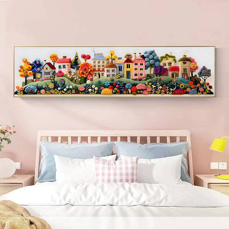 奶油风客厅装饰画大幅横版沙发背B景墙挂画小镇风景立体感卧室壁