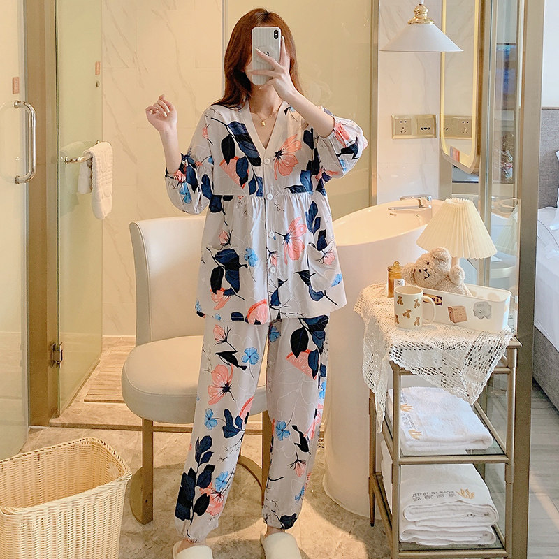 春秋天绵绸睡衣女士七分袖薄款棉绸套装韩版人棉宽松家居服大码女