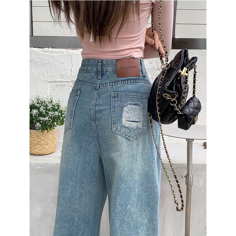 浅色复古破洞直筒牛仔裤女春夏季新款胖妹mm梨形身材休宽松拖阔腿