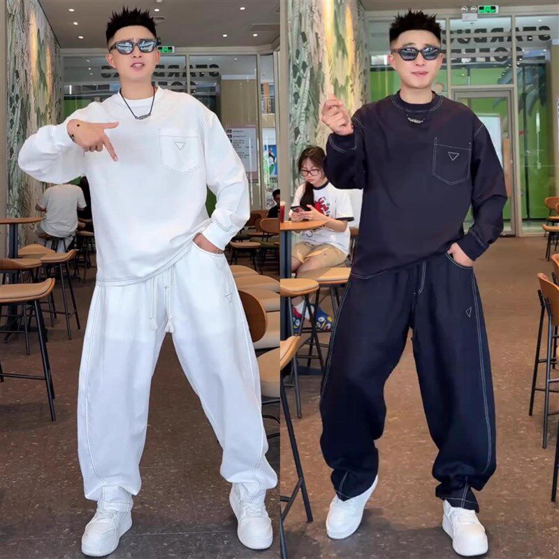夏季轻薄亚麻凉感透气休闲套装男B高级感潮流撞线三角标运动两件