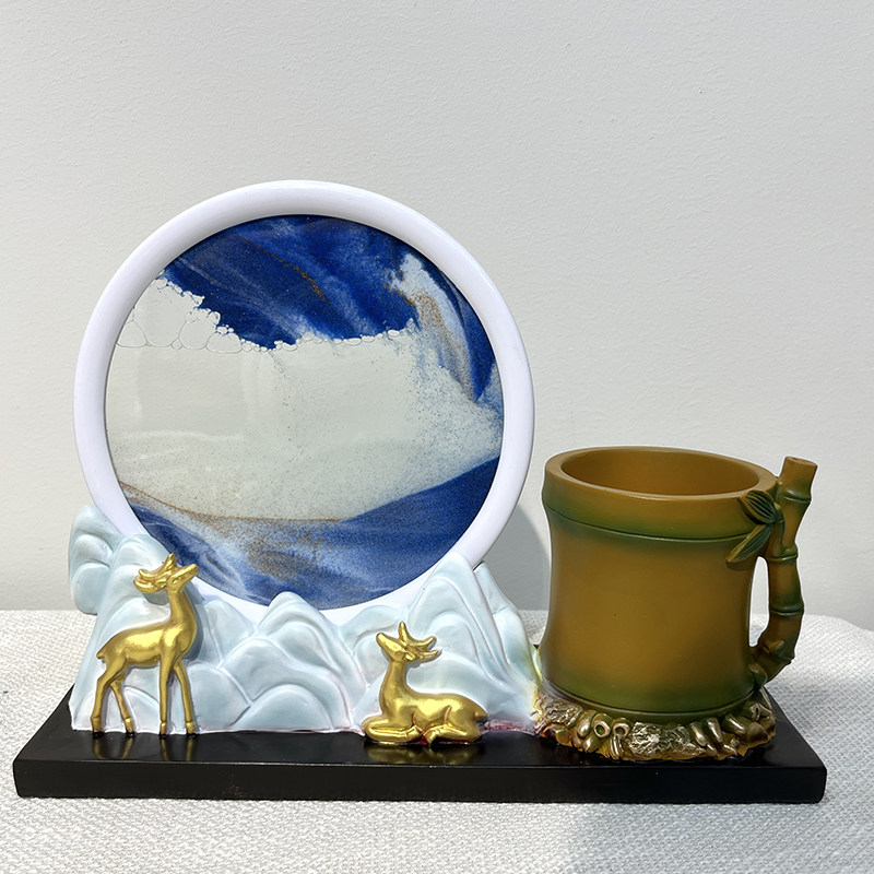 书房福鹿流沙画摆件n沙漏笔筒文具收纳摆设茶室办公室桌面装饰品