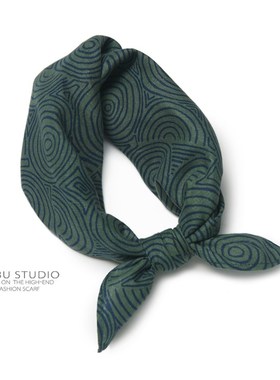 出法国篙端货!设计师款年轮印花复古墨绿色小方巾丝巾春夏季领巾