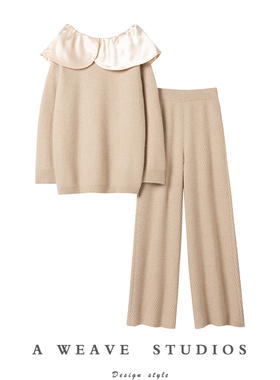 爱到骨子里!加厚绸缎领羊绒衫女一字肩纯羊绒毛衣直筒阔腿裤套装