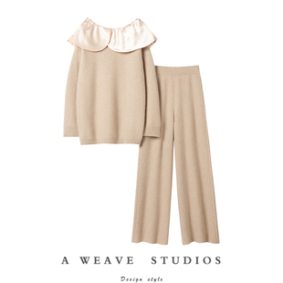 套装 女一字肩纯羊绒毛衣直筒阔腿裤 加厚绸缎领羊绒衫 爱到骨子里