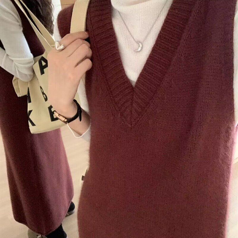 韩系V领无袖针织背心连衣裙女秋冬新款宽松显瘦百搭中长款背心裙
