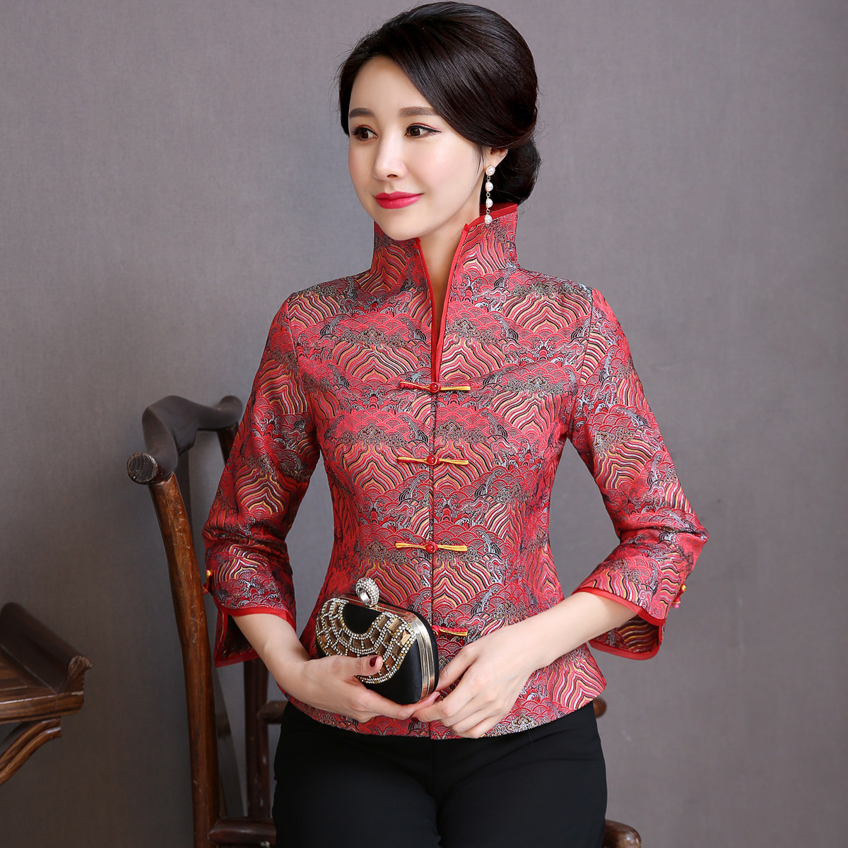 民族风复古女士唐装春秋装新款中式妈妈装上衣时尚改良版中袖外套