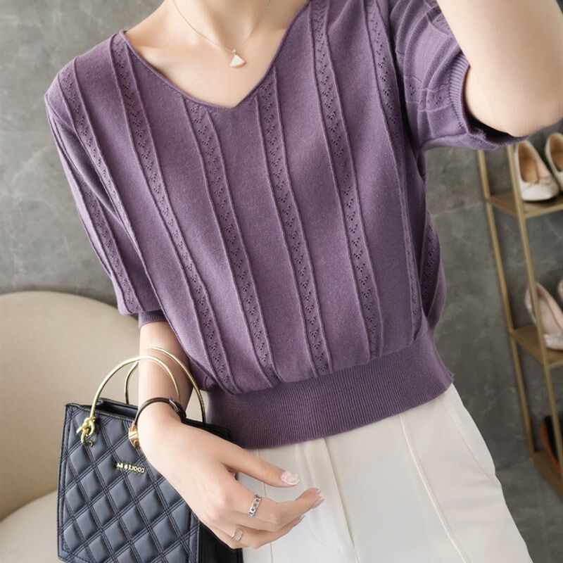 夏季薄款高腰针织短袖t恤女宽松V领纯棉镂空针织衫短款上衣防晒衫