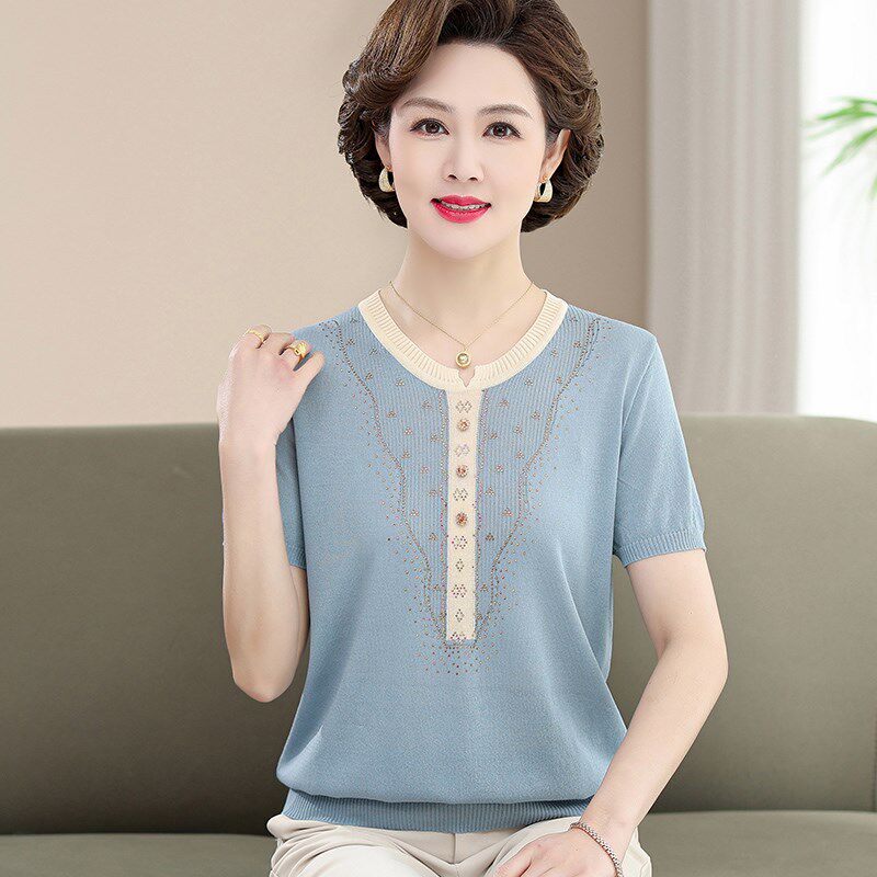 夏季新款妈妈薄款针织打底T恤衫中老年女宽松低领短袖纯色洋气衣