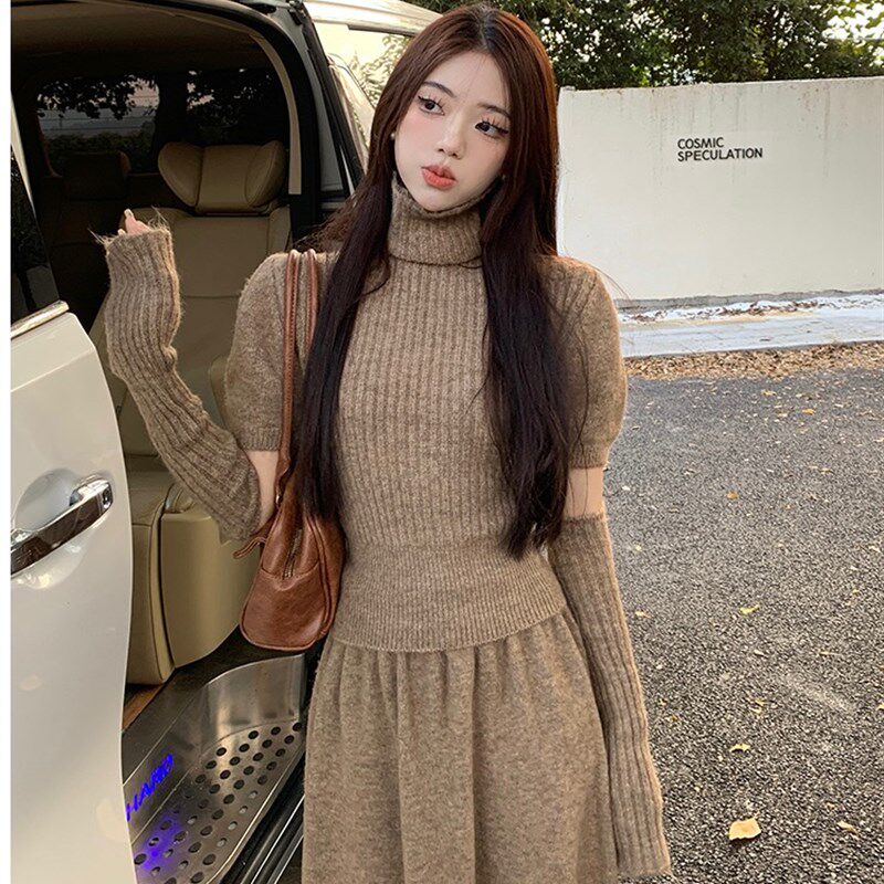 高领修身袖套毛衣慵懒秋冬季新款针织半身裙长裙温柔风毛衣套装