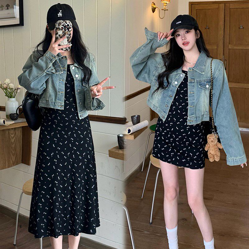 胖mm黑色碎花修身吊带裙遮肚子显瘦弹力长裙+牛仔外套休闲两件套