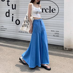 荷叶边牛仔半身裙女高个子2023春秋新款中长款包臀高腰显瘦长裙