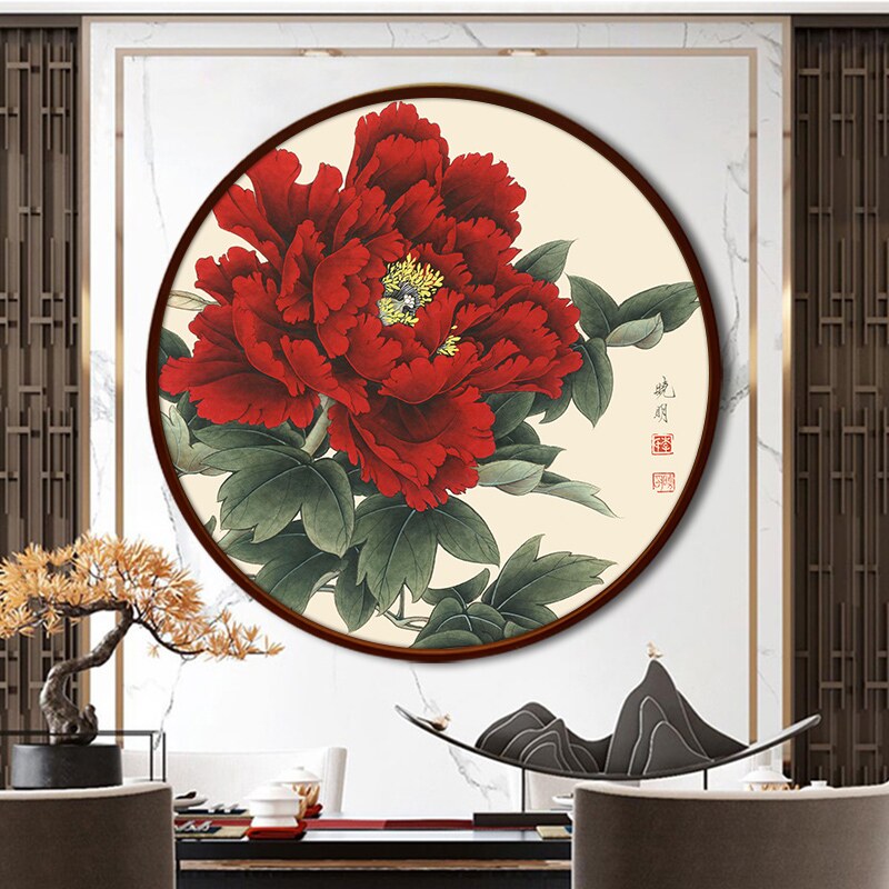 网红壁画挂画牡丹花玄关装饰画圆形背F景墙电箱新中式餐厅花开富