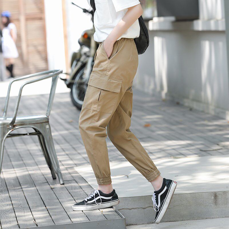卡其色裤子女2025新款工装裤夏季薄款小个子束脚休闲冲锋运动九分