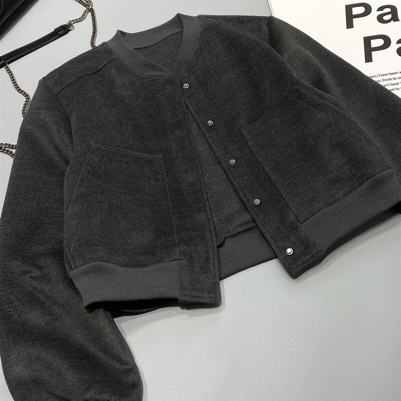 美式辣妹风复古短款灰色毛呢棒球服外套小个子休闲百搭夹克上衣女