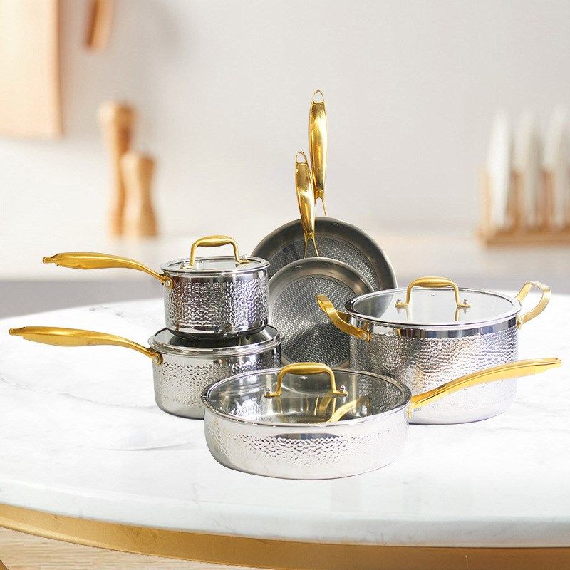 304三层钢锤纹套装锅具不粘锅无涂层汤锅奶锅煎锅厨X房实用礼品锅
