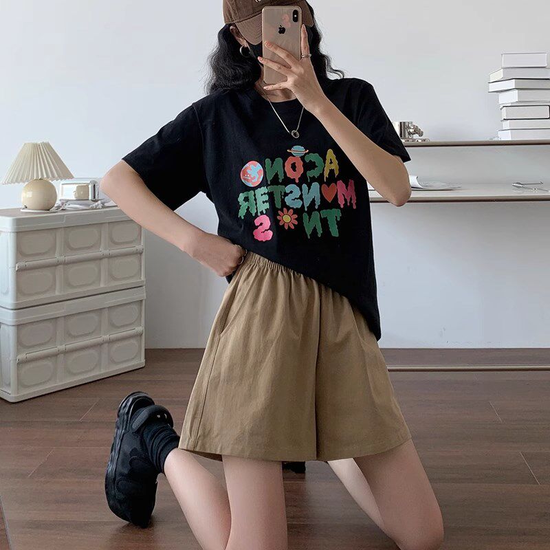 水洗棉工装短裤女夏款高腰小个子韩版休闲裤显瘦A字阔腿裤夏款