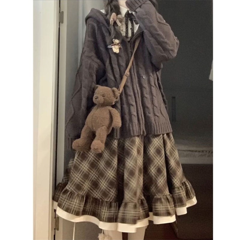 秋冬美拉德复古两件套森系甜美洋气文艺范针织外套+假两件连衣裙