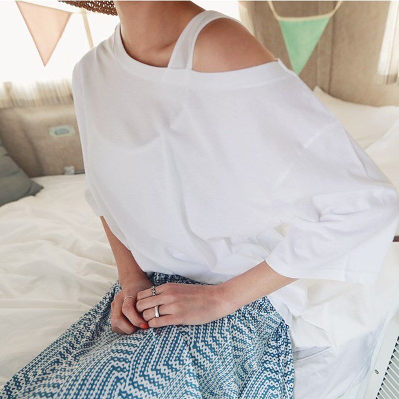 新款短袖斜肩T恤女中长款韩版宽松大码时尚休闲露肩体恤衫上衣潮