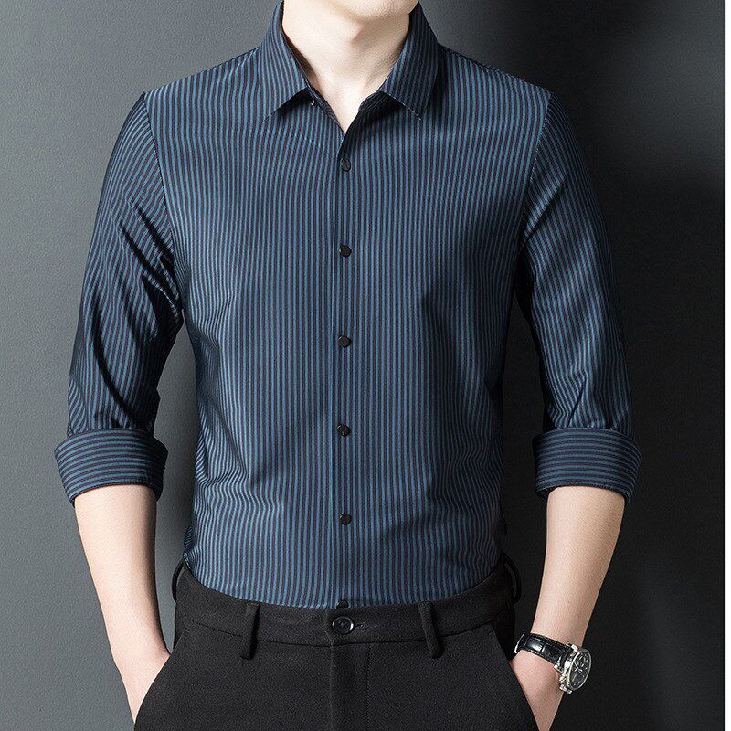 条纹衬衫男长袖春秋高弹力免烫中青G年衬衣商务休闲寸衫潮抗皱