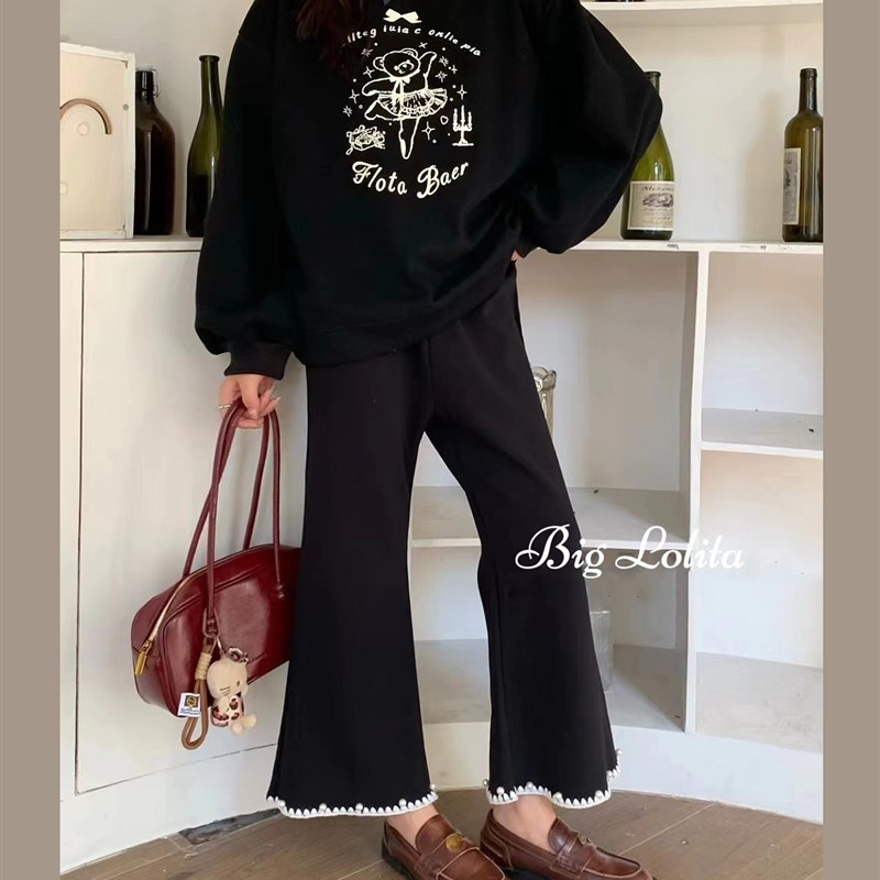 【珍珠喇叭裤】大萝莉大码秋冬新款韩系花边加绒黑裤女宽松阔腿裤