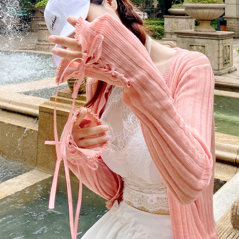 短款防晒针织开衫女夏季长袖薄款空调衫流苏珍珠纽扣外搭绑带小衫