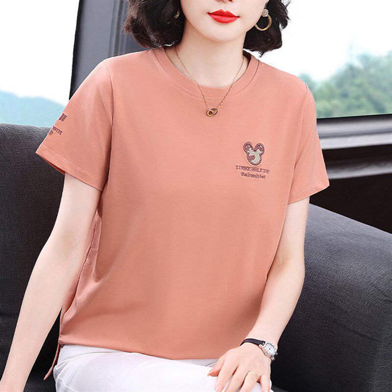 纯棉短袖t恤女妈妈夏装2024新款中老年减龄遮肚上衣洋气半袖汗衫