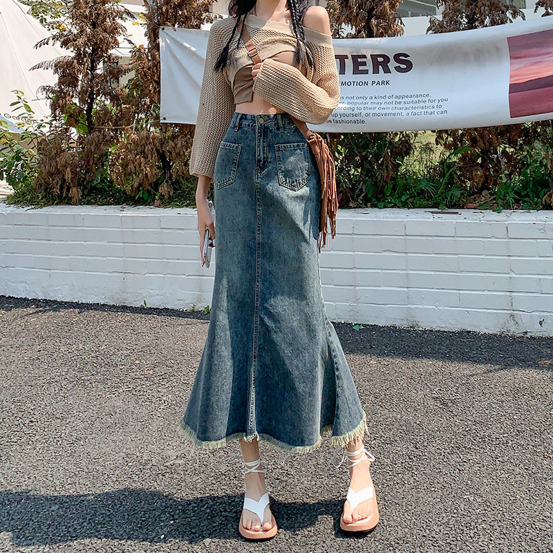毛边复古牛仔半身裙女2024年夏季显瘦高腰百搭中长流苏鱼尾裙子夏