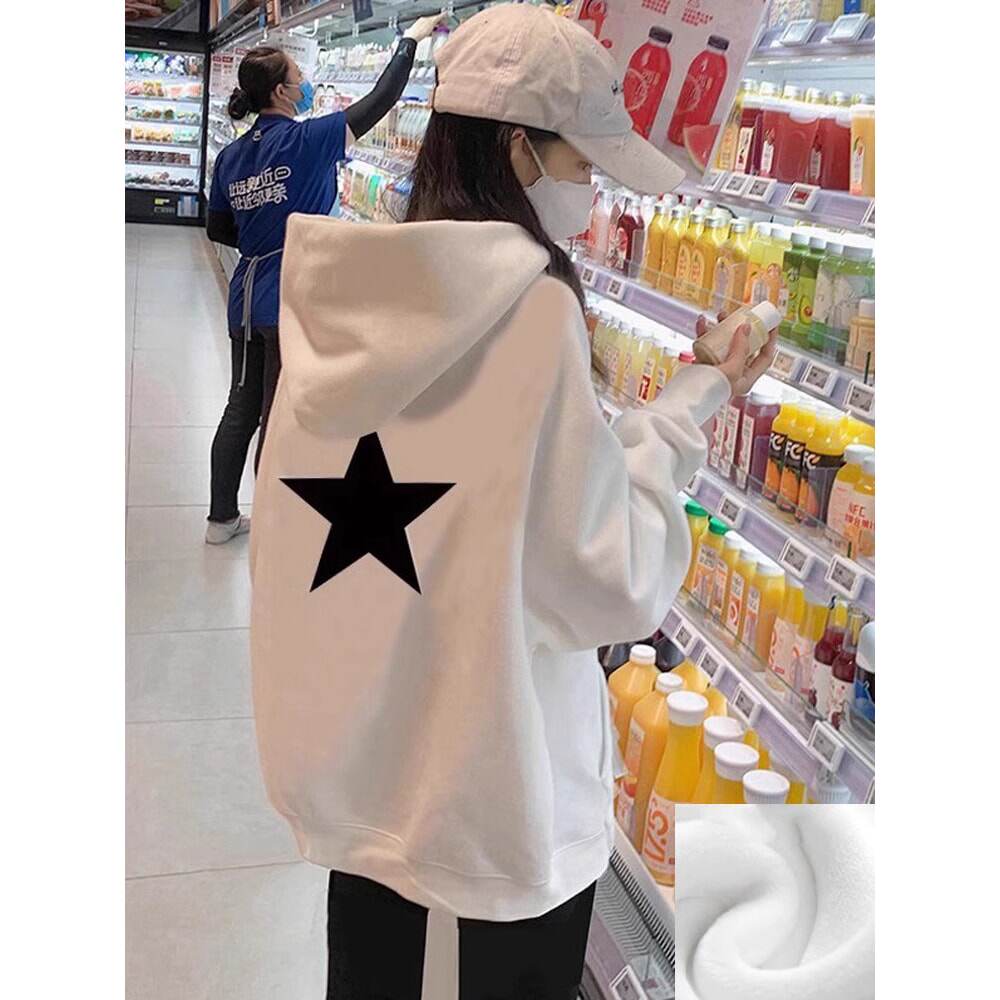 白色中长款遮屁股连帽薄款卫衣女士2024新款爆款宽松秋冬加绒韩系