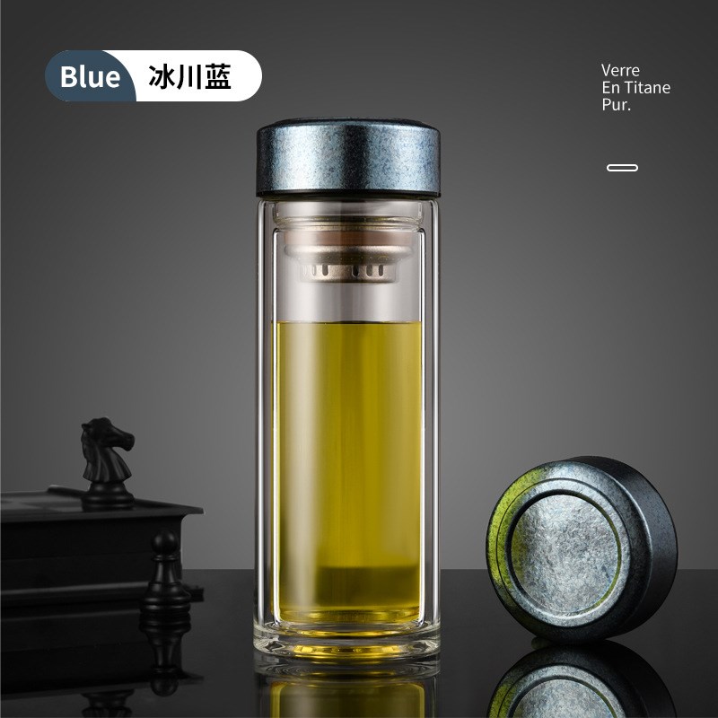 双层玻璃杯高硼硅带盖男士水杯茶水分离耐高温Q杯子盖子网纯钛茶