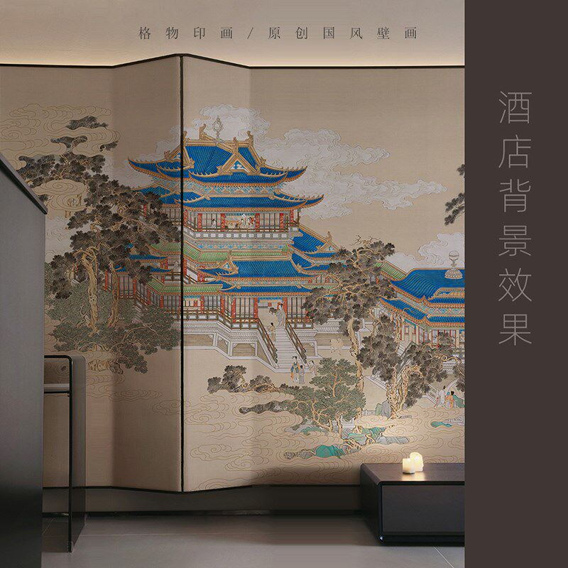 新中式古风宫廷楼阁墙布酒店装修浮雕墙纸背景墙壁画饭店硬包壁纸