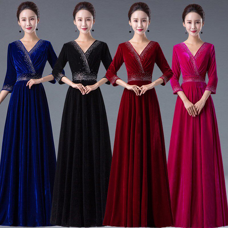 晚礼服2025新款优雅长袖宴会显瘦成人大合唱团演出服装女长裙定制
