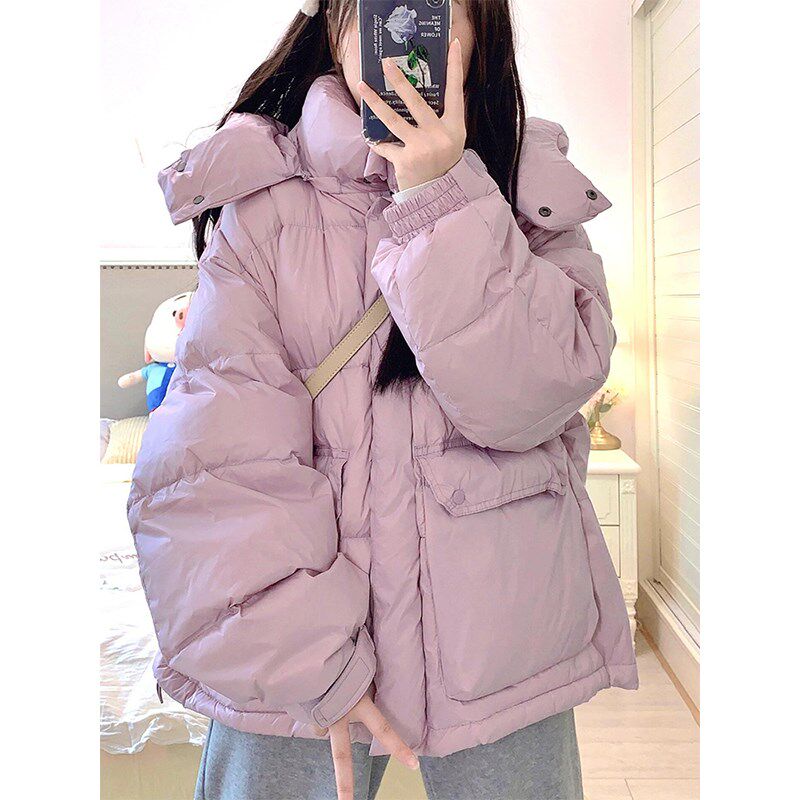 大码胖mm韩系加厚连帽羽绒棉服女2024新款紫色高级感宽松减龄外套