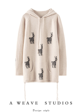 喜欢到无法描述~加厚连帽羊绒衫女中长款纯羊绒毛衣宽松帽衫冬