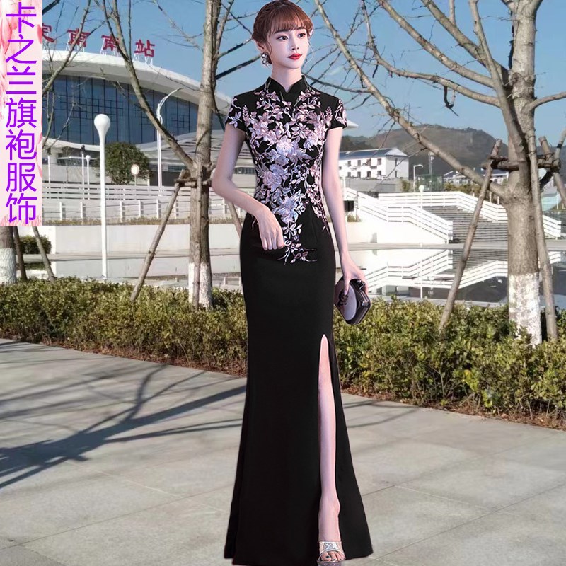 鱼尾长款旗袍2023春夏季新品主持人修身气质演出宴会晚礼服连衣裙