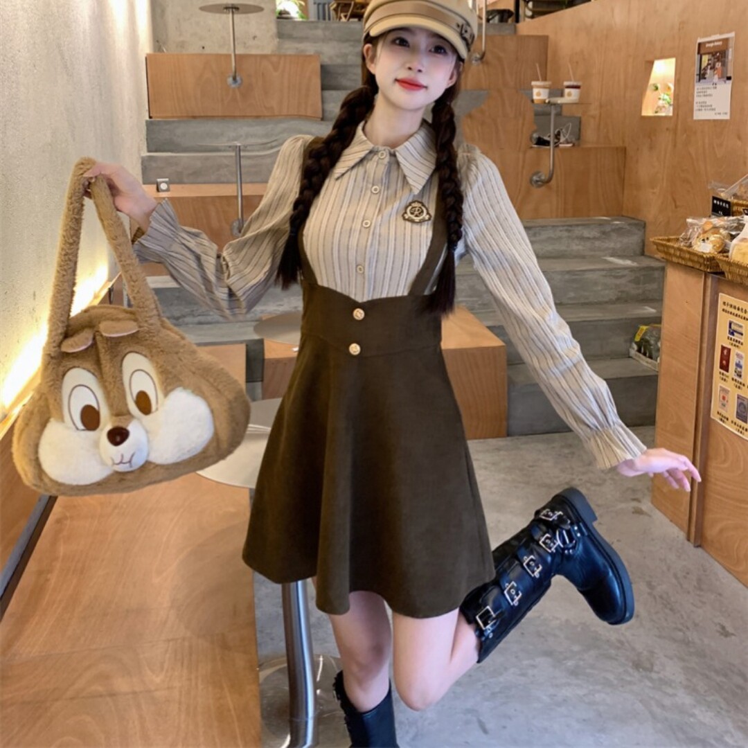 秋新款显瘦复古氛围感条纹衬衫学院连衣裙背带裙子女