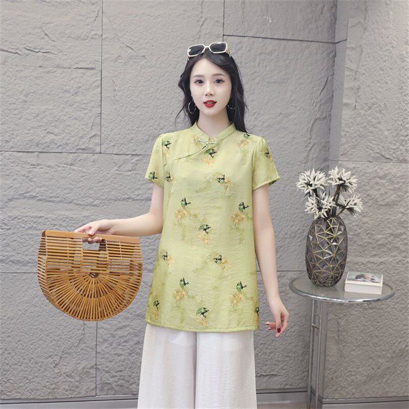 新中式国风改良唐装旗袍上衣别致复古印花盘扣短袖中长款衬衫夏季