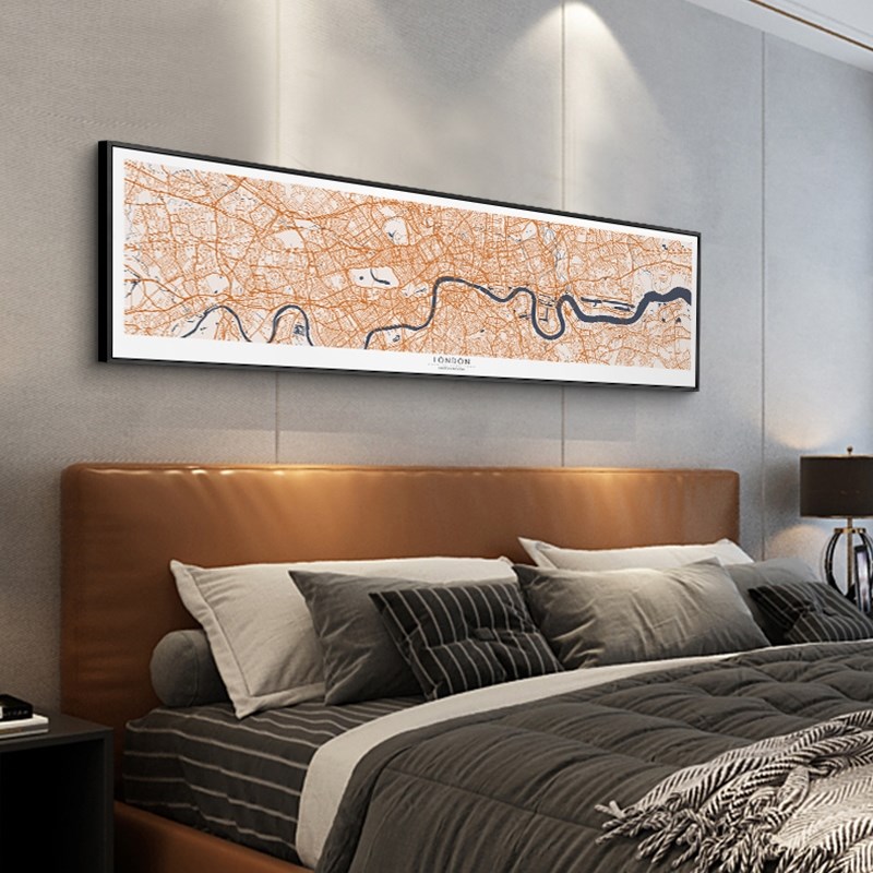定制城市地图卧室横版抽s象装饰画客厅画 床头后背景墙挂画网红