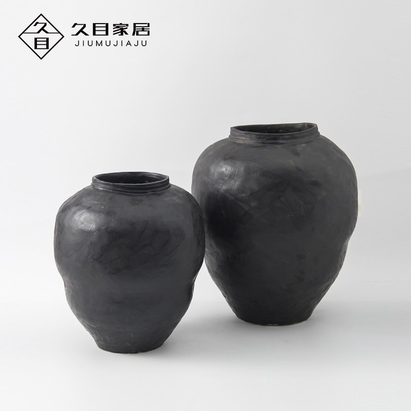 侘寂风新中式陶瓷大花瓶落地花器黑色白色电视柜装饰品干花插摆件