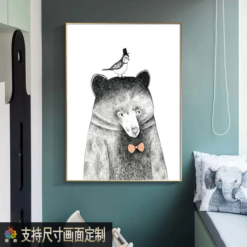 儿童房卡通动物装饰画男孩男童卧C室床头壁画小户型现代风挂画竖